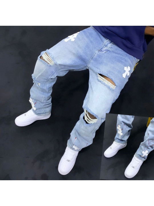 High quality Ripped Chrome Hearts Jeans | Blue